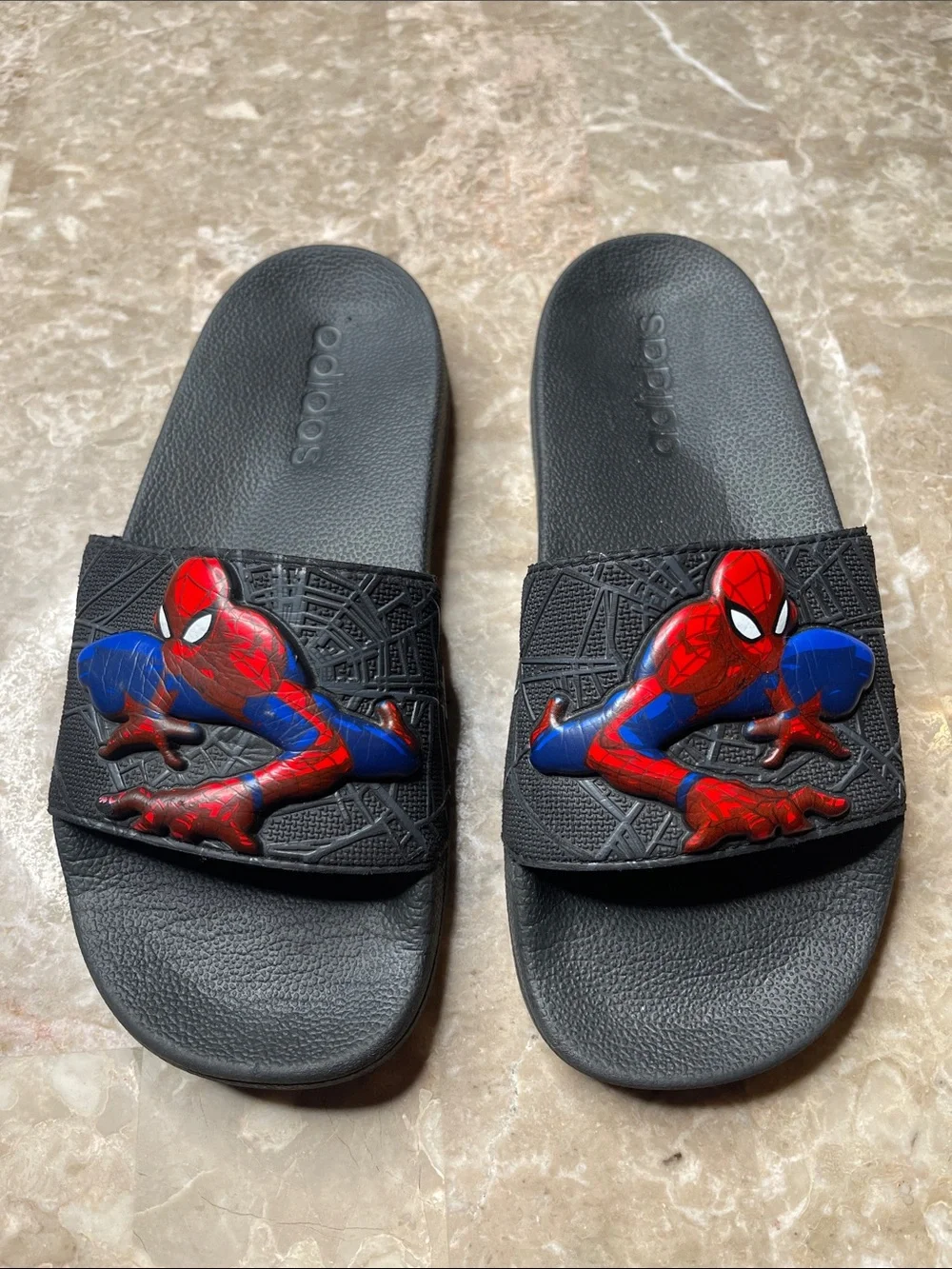adidas Black Kids Spider-Man Slide Sandals with Red & Blue Accents